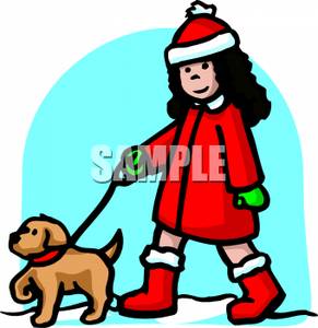Of A Girl In A Red Coat Walking Her Dog   Royalty Free Clipart Picture