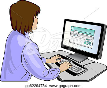 Vector Clipart   Woman Programmer Near A Computer  Vector Illustration