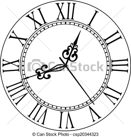 Vector Illustration Of Old Clock Face With Roman Numerals   Old Black