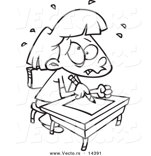 Vector Of A Cartoon Stressed School Girl Taking A Test   Coloring Page