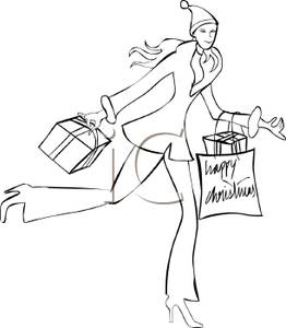 Black And White Cartoon Of A Woman Christmas Shopping   Royalty Free