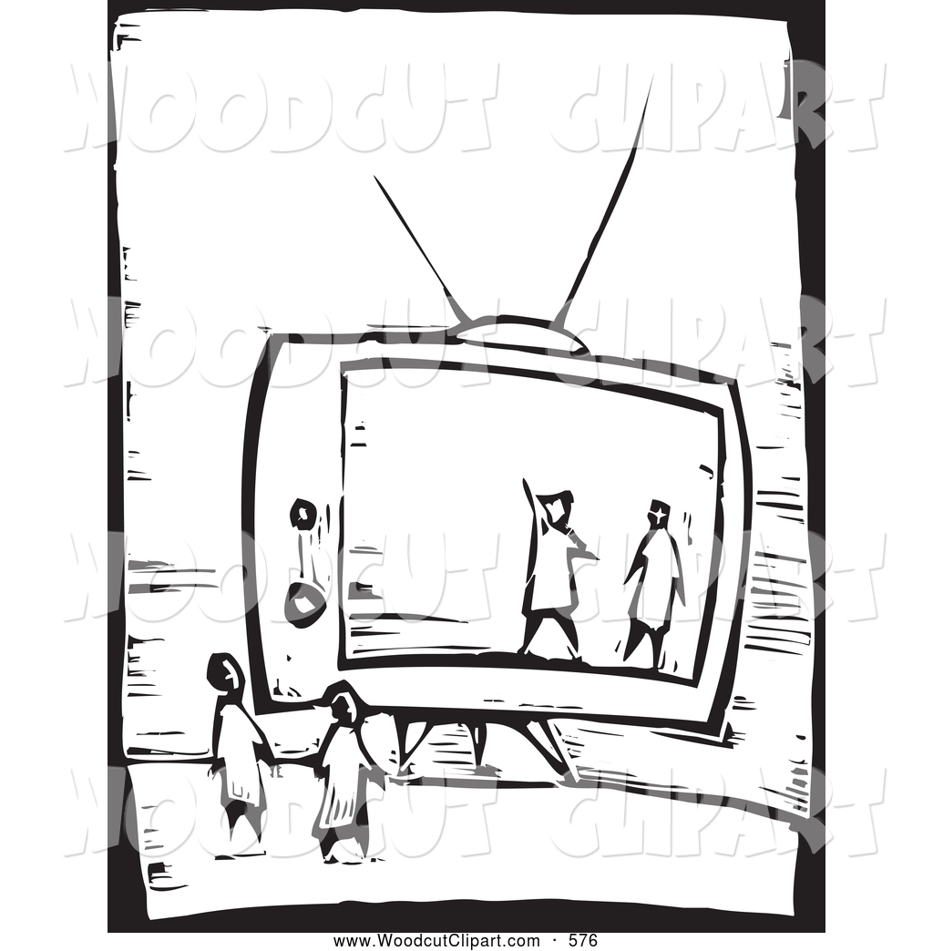     Black And White Woodcut Style People Watching Tv By Xunantunich 576