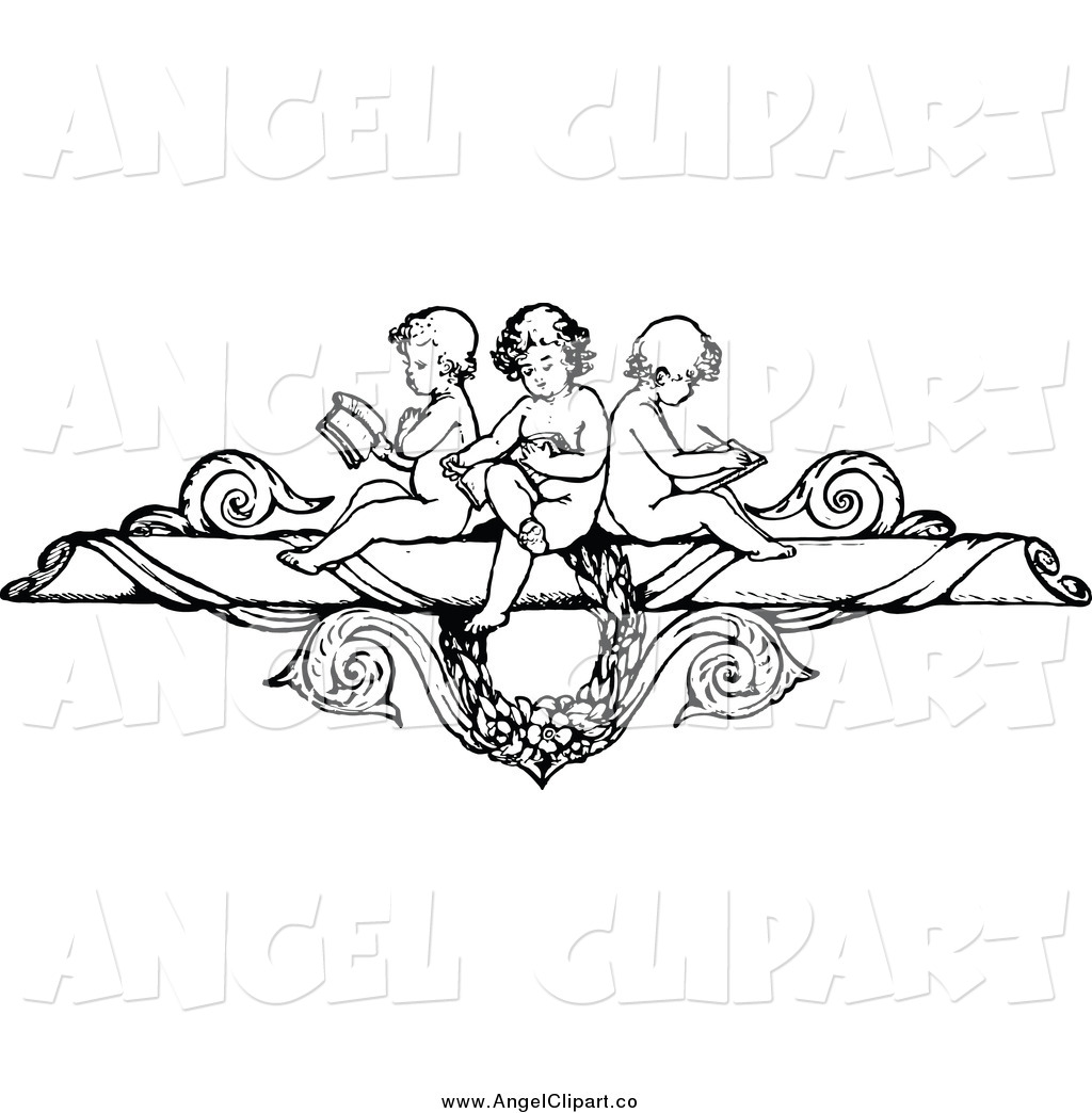 Clip Art Of A Black And White Border Of Cherubs Reading And Writing By    
