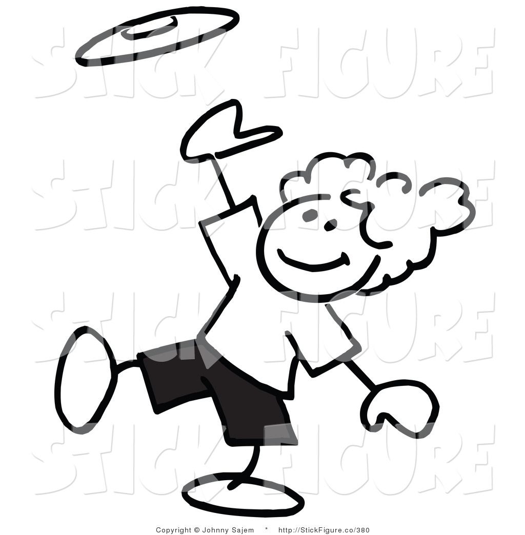 Clip Art Of A Black And White Stick Figure Boy Catching A Frisbee With