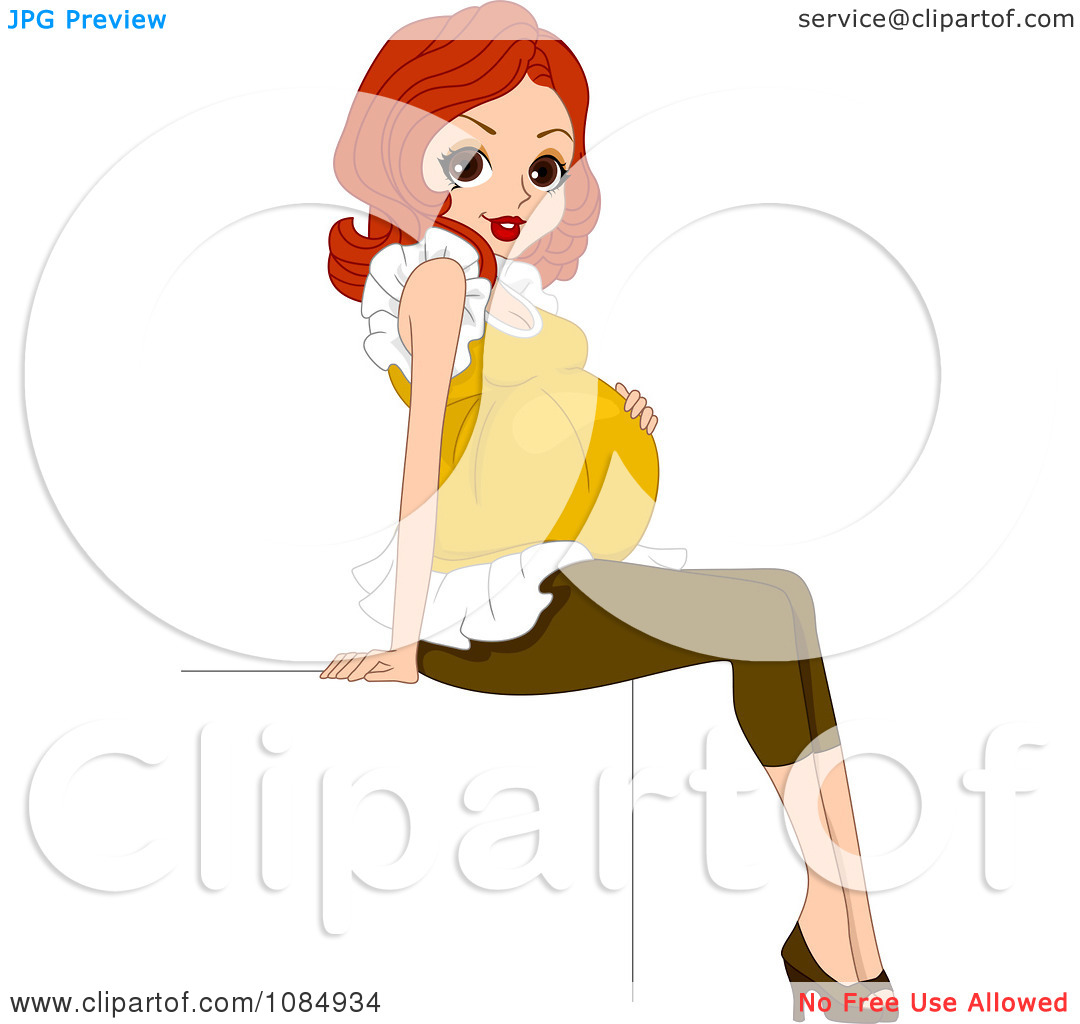 Clipart Pretty Red Haired Pregnant Woman Sitting On A Sign   Royalty