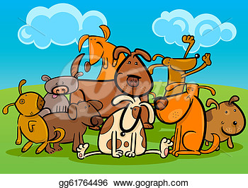 Cute Dogs Or Puppies Group Against Blue Sky  Vector Clipart Gg61764496