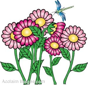 Description  Clip Art Of Cartoon Flowers With A Dragonfly  Clip Art