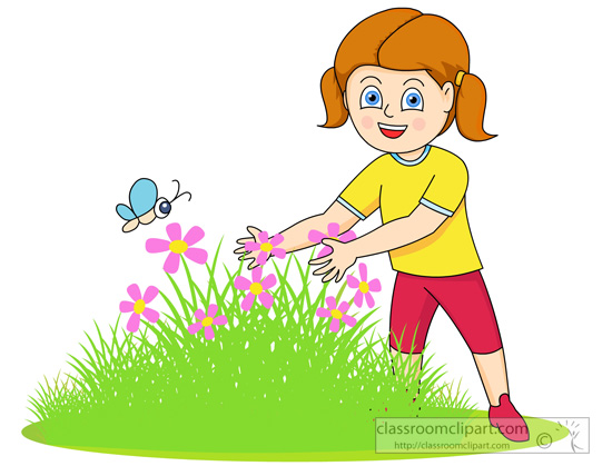 Gardening  Girl Looking At Flowers Butterfly In A Garden