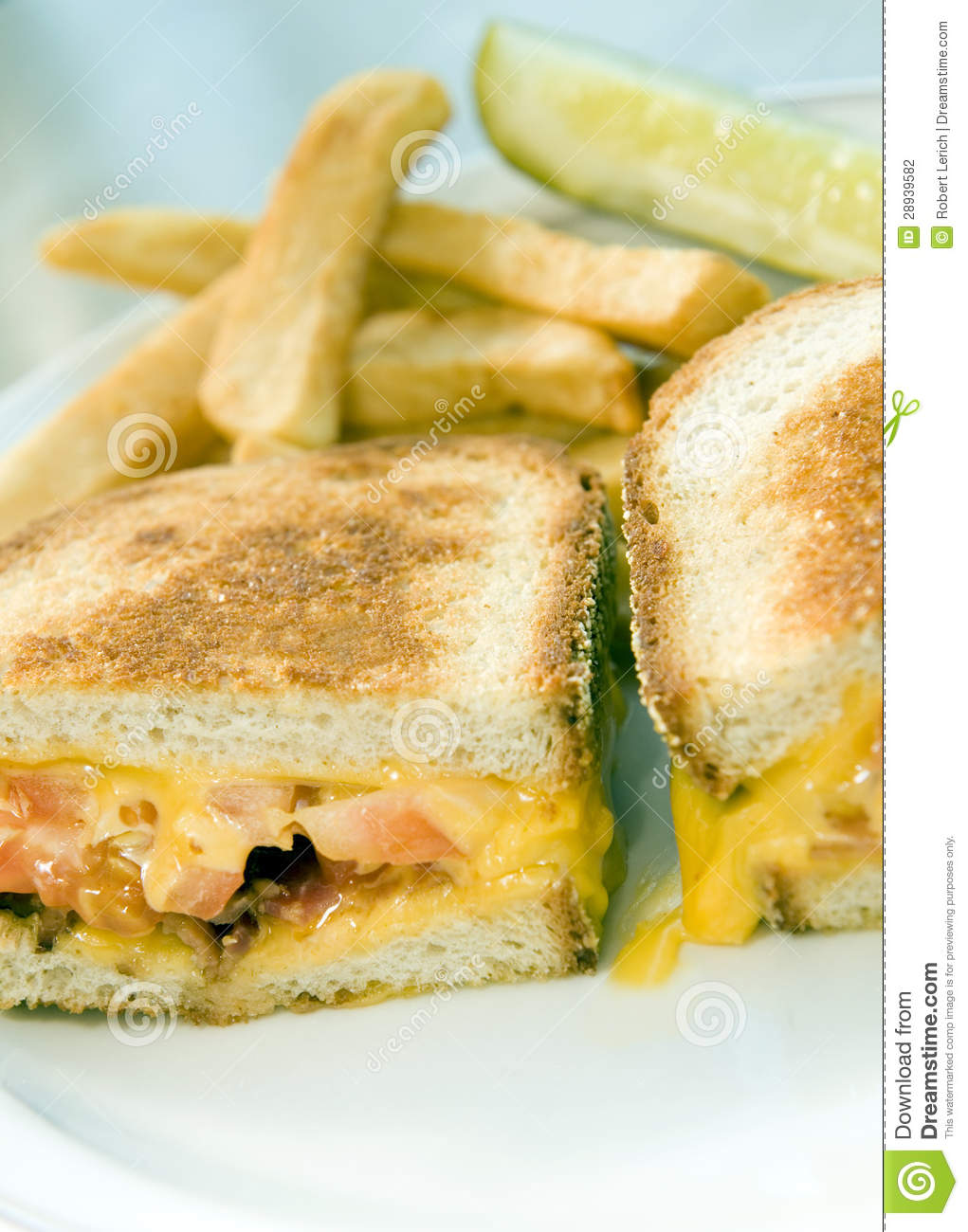 Grilled Cheese Sandwich Bacon Tomato With French Fries Potatoes Stock