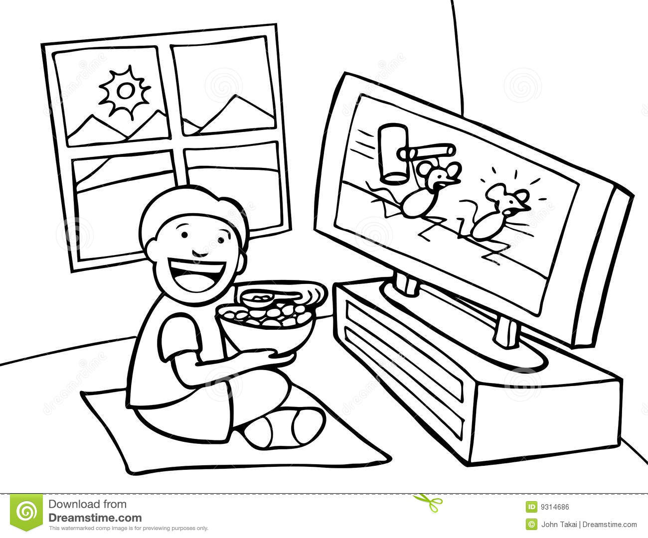 Kid Watching Tv   Black And White Royalty Free Stock Image   Image