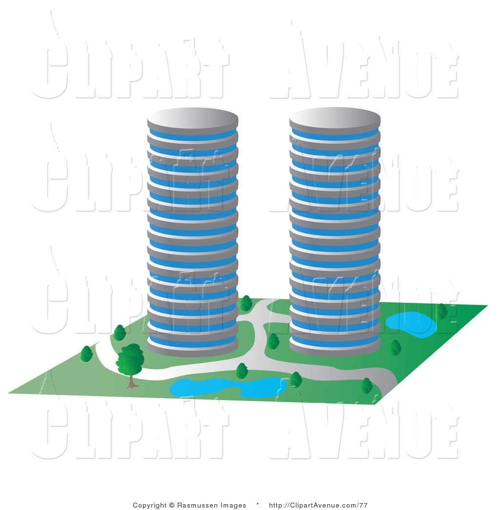 Larger Preview  Avenue Clipart Of A Couple Of Circular Buildings With