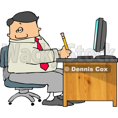     Man Filling Out Paperwork At Wood Computer Desk In His Office Clipart