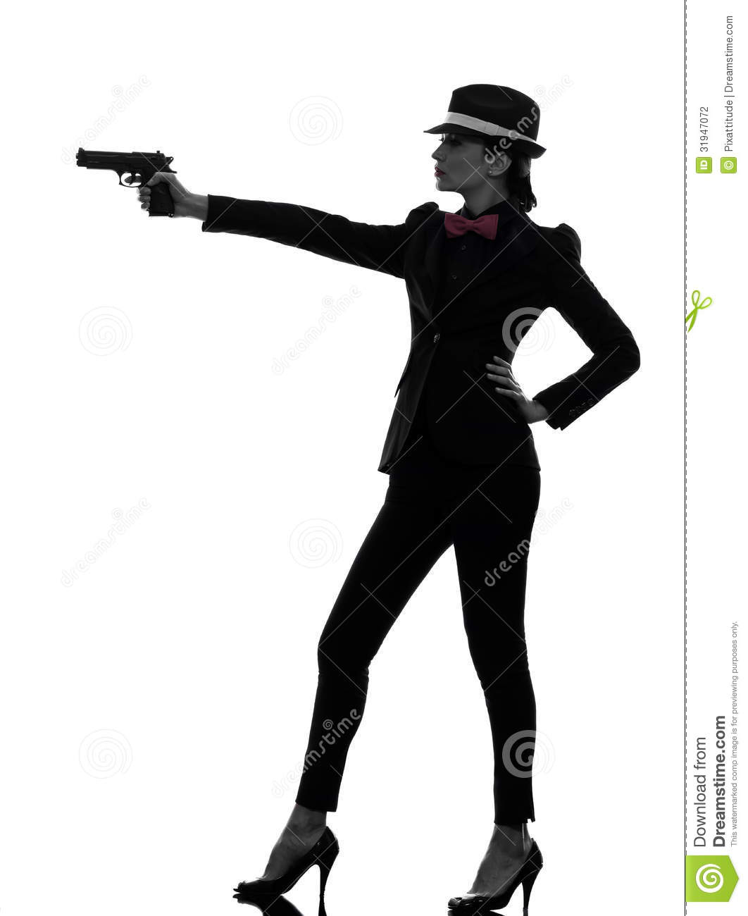 One Stylish Caucasian Woman In Suit Holding Gun In Silhouette On White