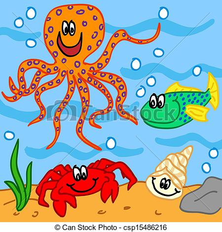 Vector   Marine Life Cartoon Characters   Stock Illustration Royalty