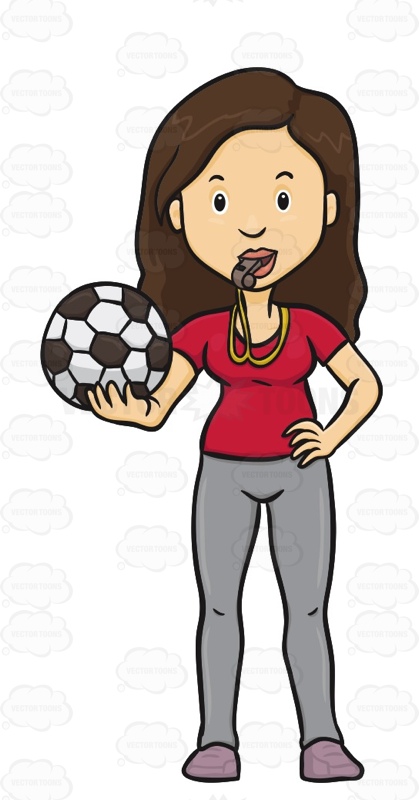 Woman Holding A Soccer Ball With A Whistle In Her Mouth   Stock