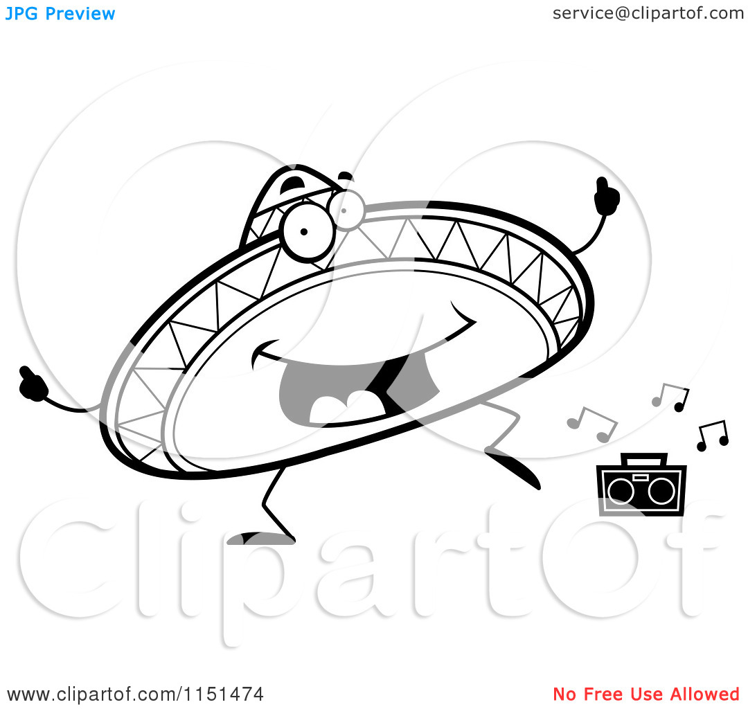 Cartoon Clipart Of A Black And White Happy Dancing Sombrero Character    