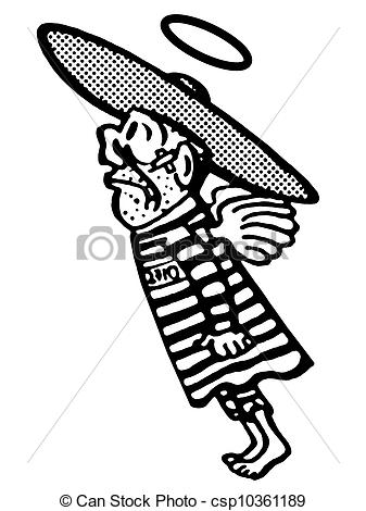 Illustration   A Black And White Version Of A Flying Man In A Sombrero