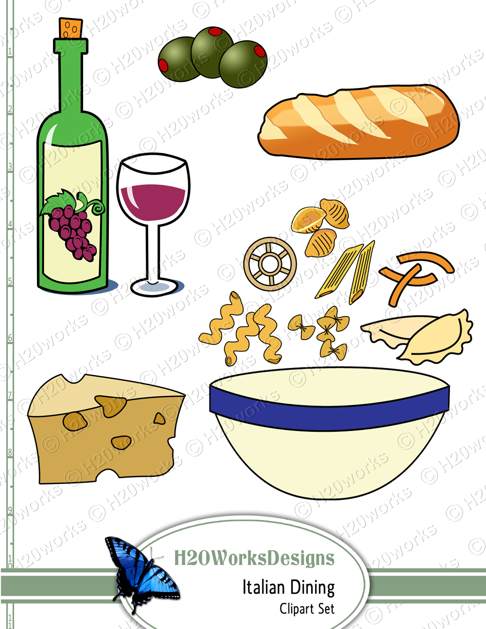 Italian Dining Clipart Set On 8 5x11 Sheet   Food Pasta Bowl Wine
