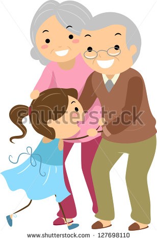 Of Stickman Grandparent Couples With Their Grandchild   Stock Vector