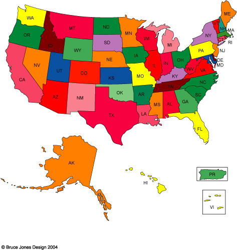Usa 50 State Map With 2 Letter State Name Plus Puerto Rico And Virgin