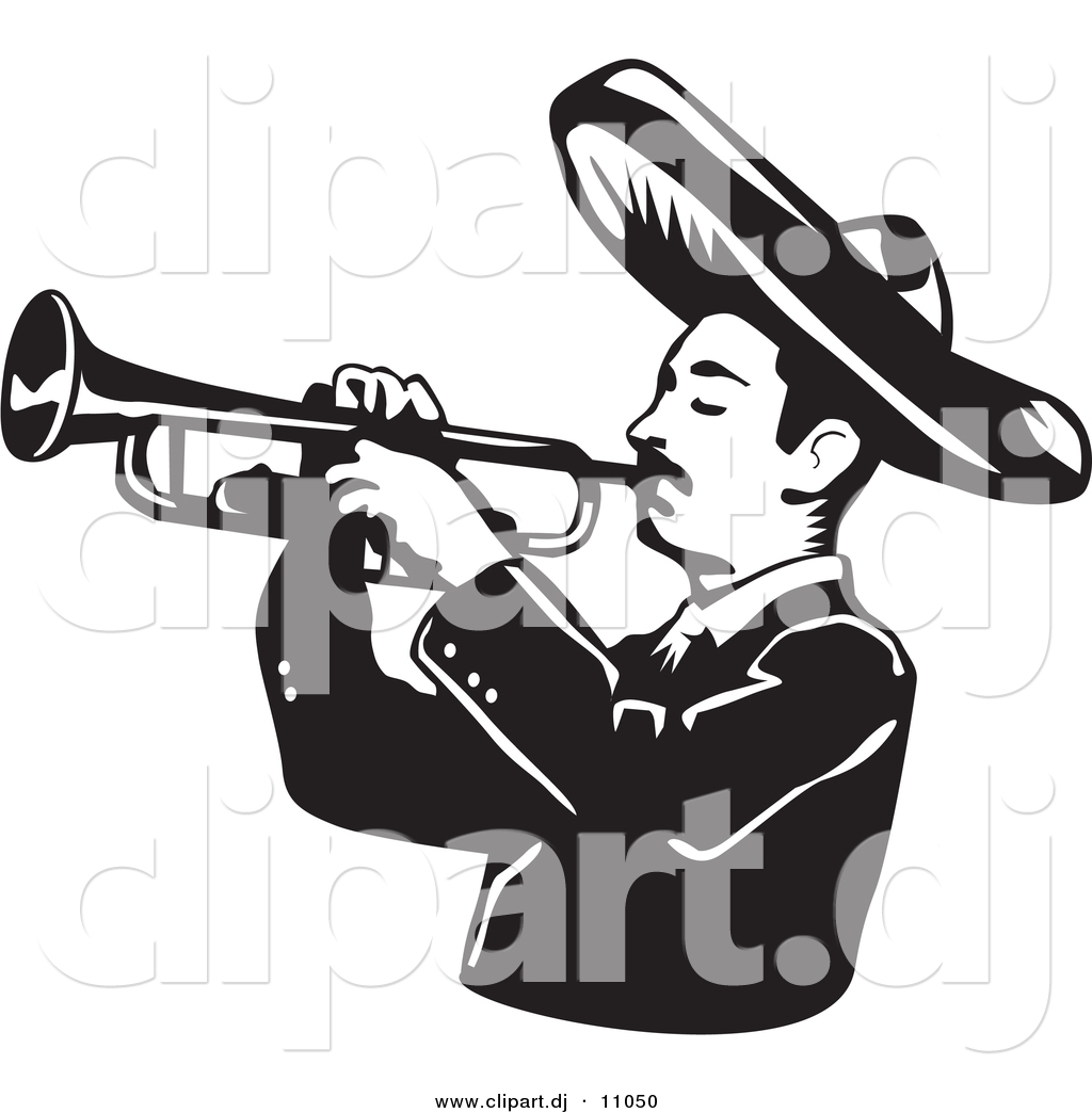     Wearing A Sombrero While Playing A Trumpet   Black And White Version