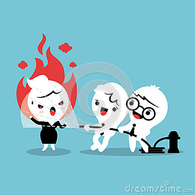With Fire Hose To Calm Down Angry Woman Concept Cartoon Illustration