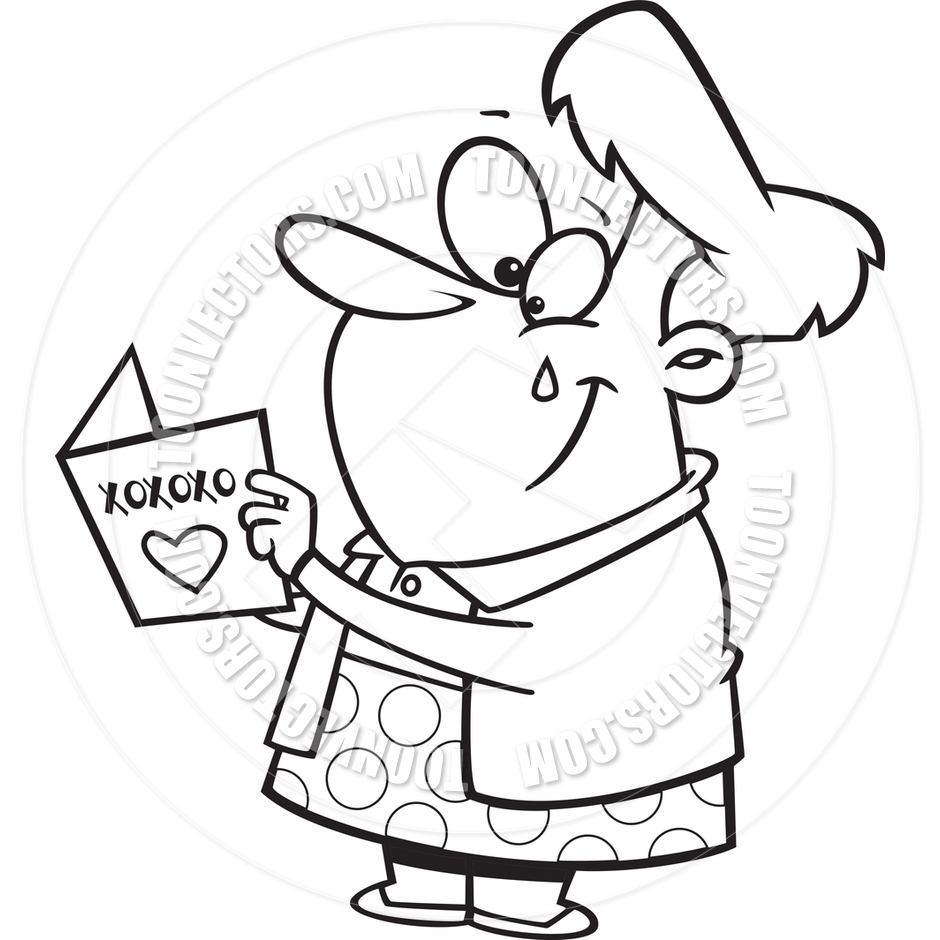 Cartoon Grandma Reading Love Greeting Card  Black   White Line Art  By