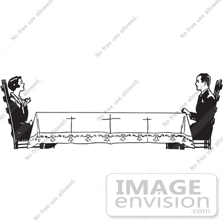 Clipart Of A Retro Housewife Across A Long Table From Her Husband In    