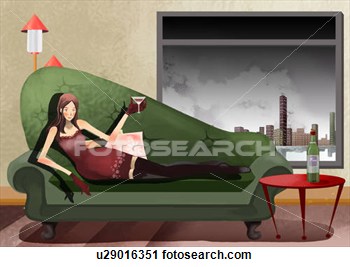 Clipart   Woman Relaxing On Sofa Holding Glass Of Wine  Fotosearch