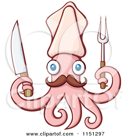 Pink Squid Chef With A Knife And Barbecue Fork By Any Vector