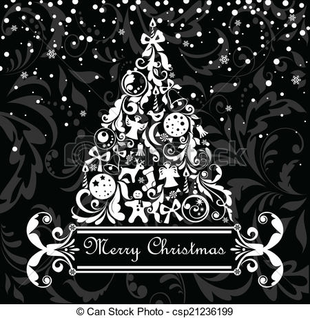 Vector   Greeting Xmas Card  Black And White   Stock Illustration