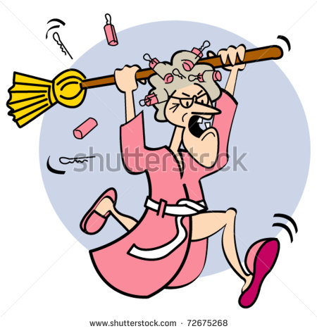 Angry Cartoon Lady Holding A Broom While Running And Shouting  Stock