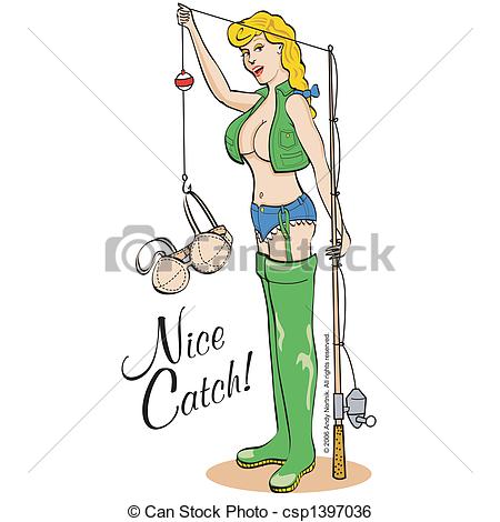 Clip Art Vector Of Sexy Pinup Girl Fishing Sign Or T Shirt Design For