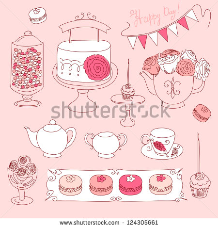 Happy Valentines Day Set With Bunting Cup Cakes Roses Cake Tea    