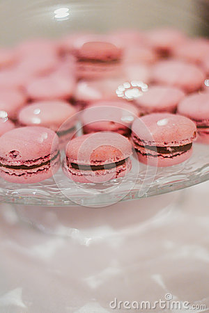 Red Color Macaroon On Table  Candy Bar 