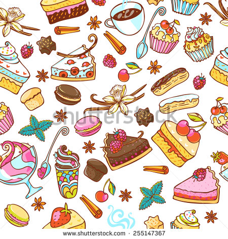 Seamless Vector Pattern With Sweets And Pastry  Cupcake Macaroon    