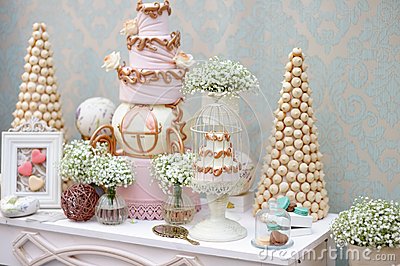     Sweet Table With Big Cake And Macaroon On Dinner Or Event Party