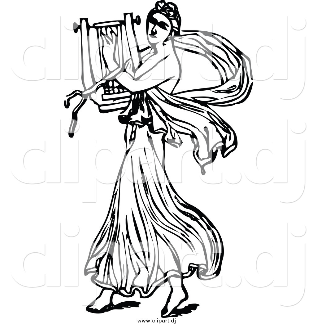 Vector Clipart Of A Black And White Ancient Musican Playing A Harp By    