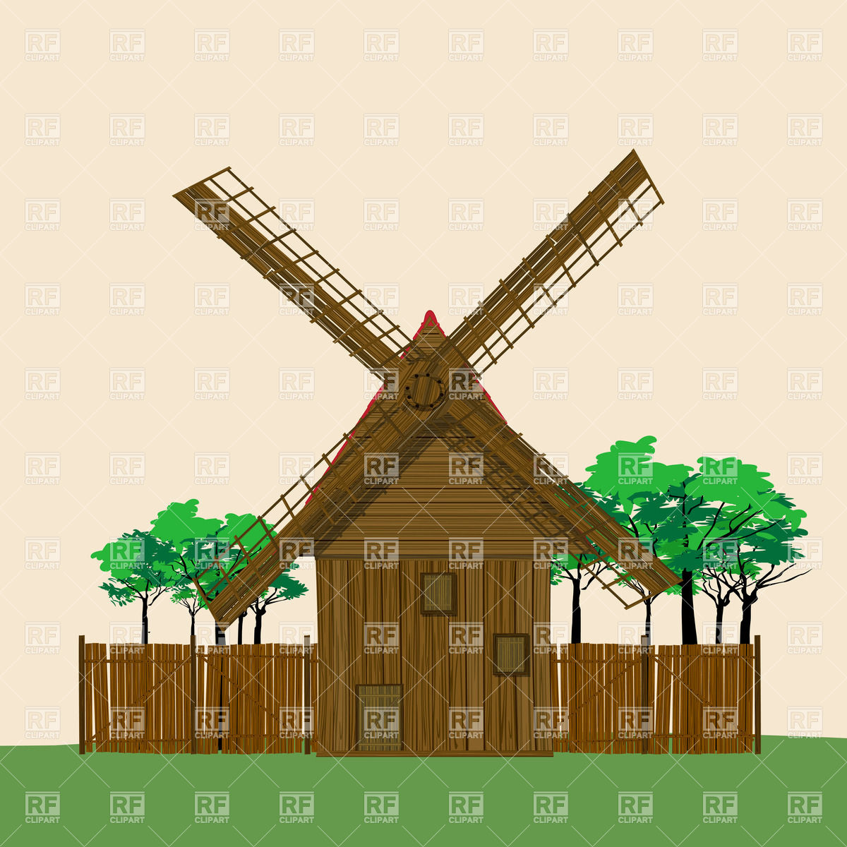 Wooden Windmill And Trees 21085 Download Royalty Free Vector Clipart