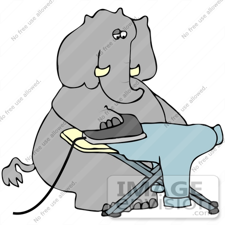 41428 Clip Art Graphic Of A Dry Cleaner Elephant Ironing A Blue Shirt