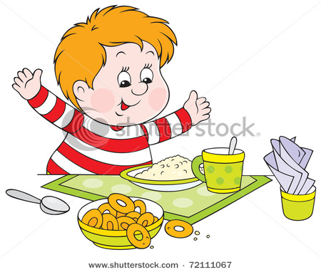 Boy Eating A Meal At Dinner Time In This Vector Clip Art Illustration