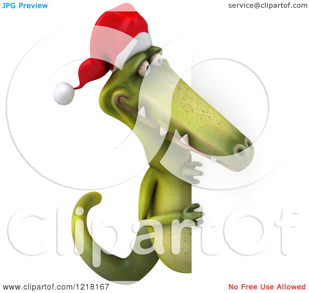 Clipart Of A 3d Christmas Dinosaur Looking Around A Sign   Royalty