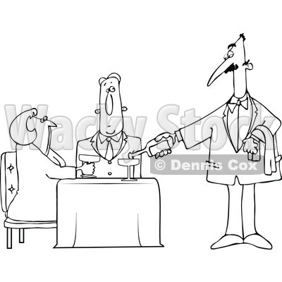 Clipart Outlined Waiter Serving Wine To A Couple At A Restaurant