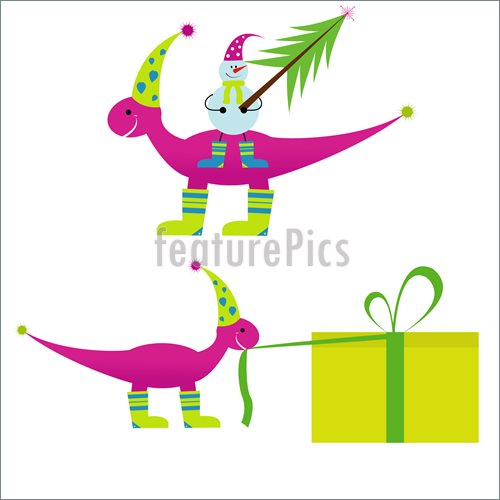 Illustration Of Christmas Dinosaur With Snowman  Vector Clip Art To