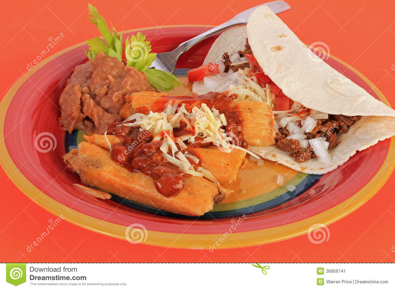     Of Pork Tamales On Colorful Plate With Soft Taco And Refried Beans