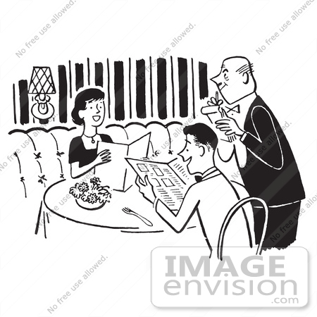 Retro Clipart Of A Vintage Polite Happy Couple And Waiter Taking Their