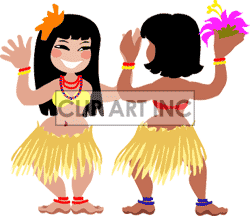 Two Girls With Grass Skirts Performing A Hawaiian Dance