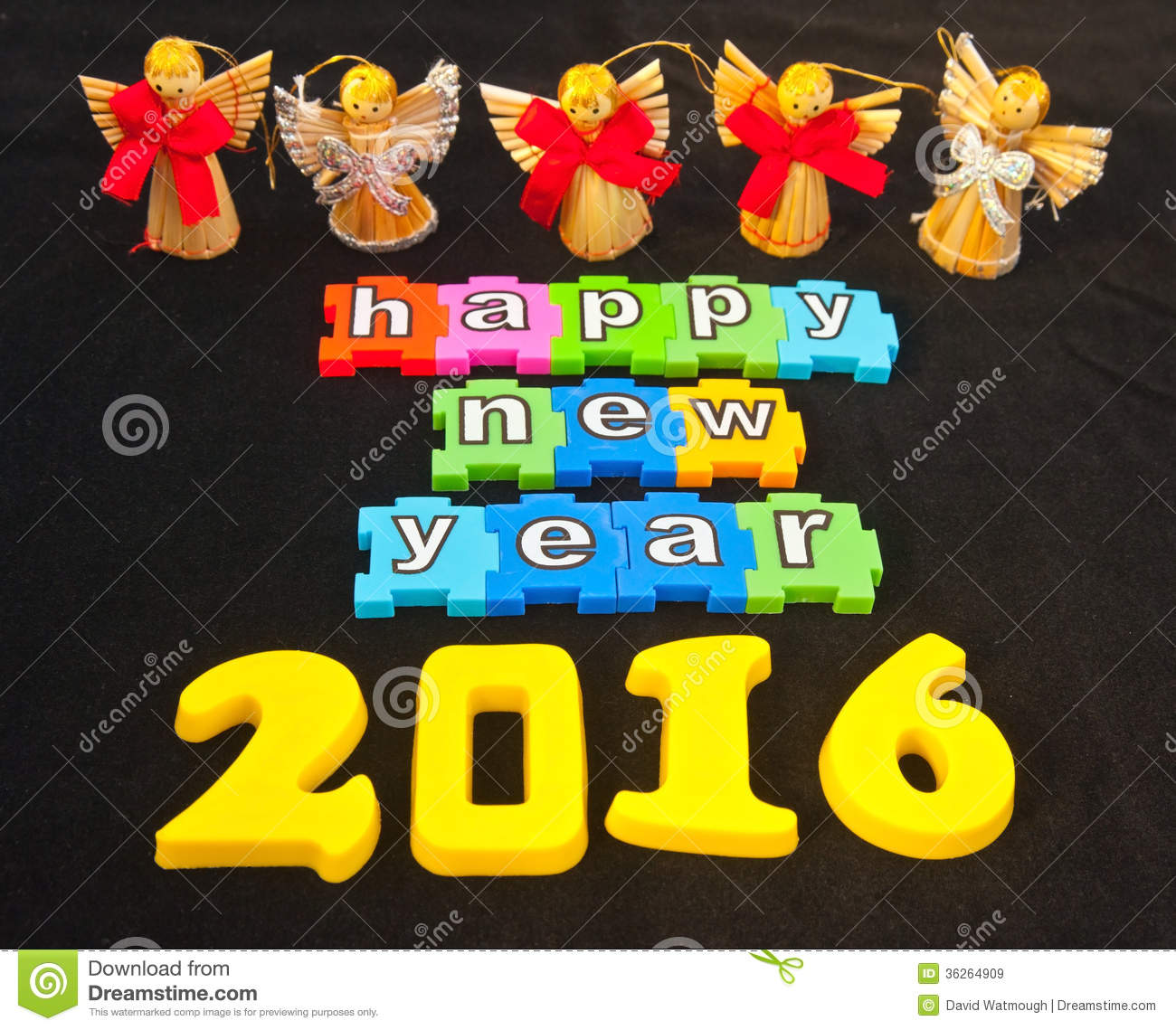 Happy New Year 2016 Isolated On Black Background With Angels Giving A