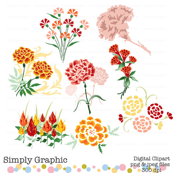 Instant Download Carnation Flower Clipart Bouquet Pink Red