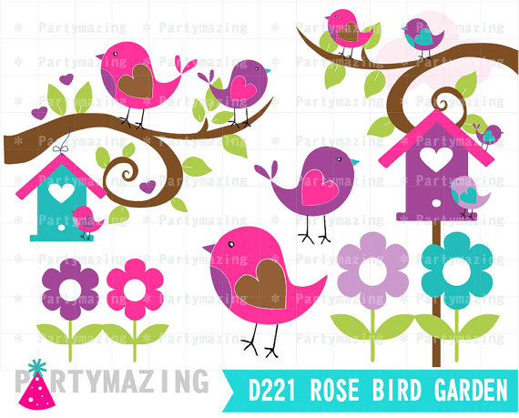 Rose Bird Garden Clipart Set Bird Clip Art Set Instant Download D221